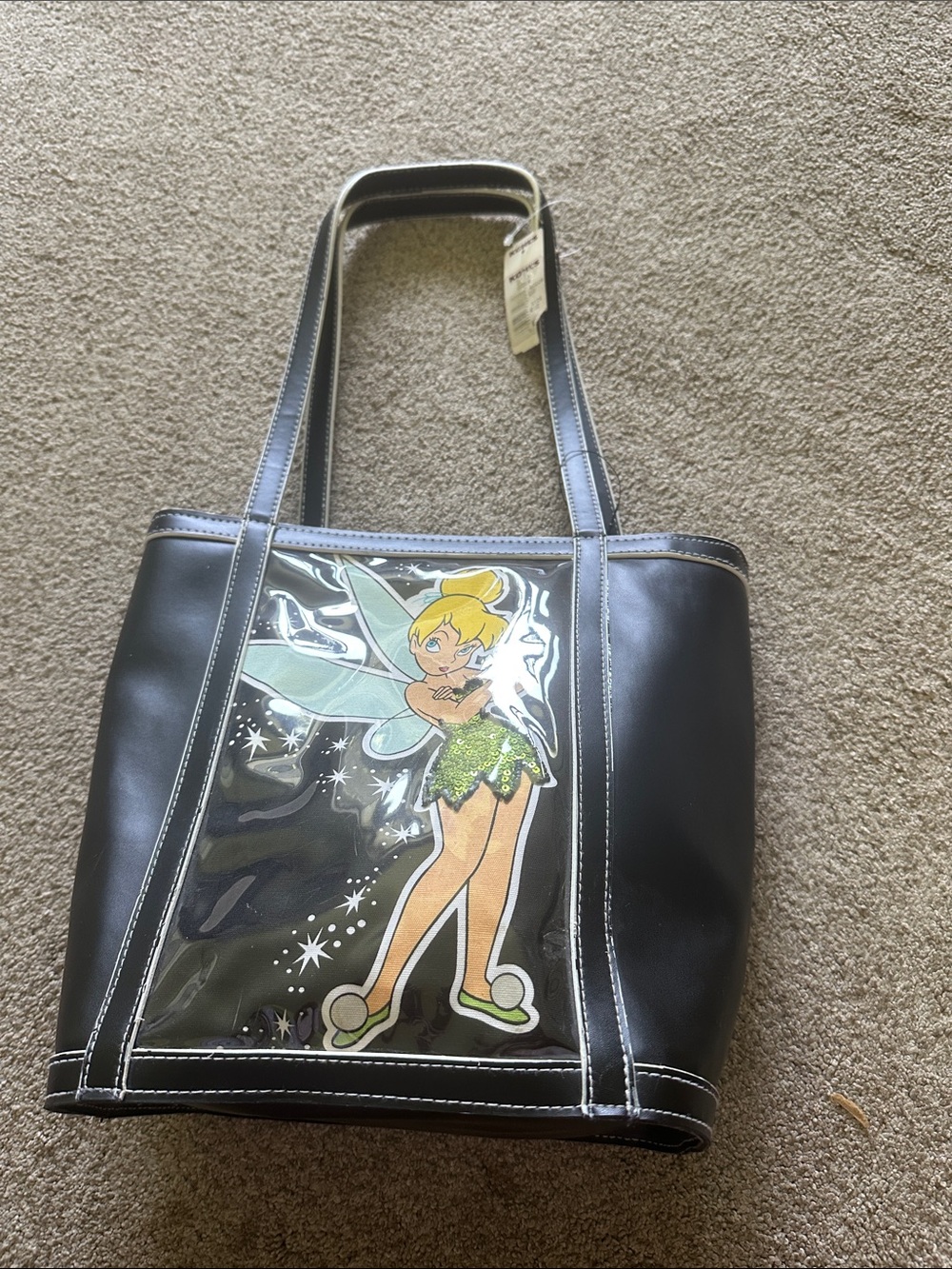 Black Tinker Bell Tote Bag with Clear Panel size 10.5x 12.5